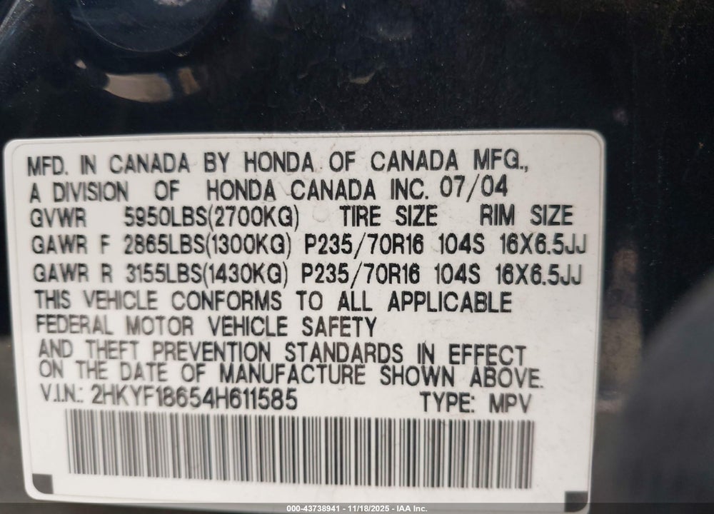 2004 HONDA PILOT EX-L VIN: 2HKYF18654H611585