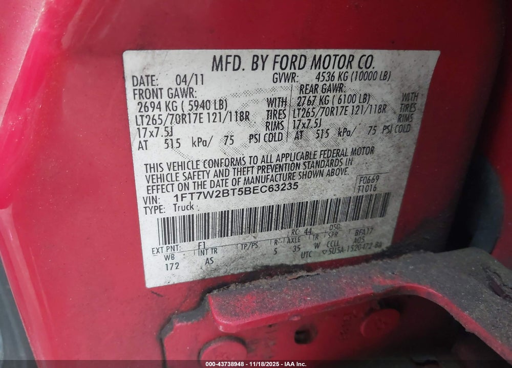2011 FORD F-250 XL VIN: 1FT7W2BT5BEC63235