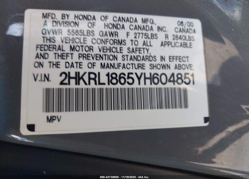 2000 HONDA ODYSSEY EX VIN: 2HKRL1865YH604851