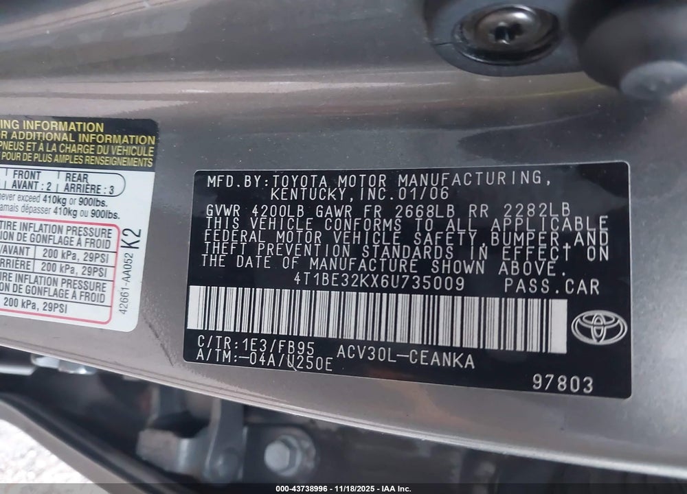 2006 TOYOTA CAMRY LE VIN: 4T1BE32KX6U735009