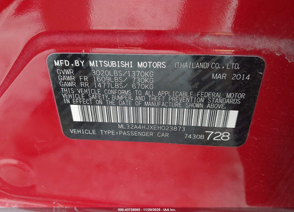 2014 MITSUBISHI MIRAGE ES VIN: ML32A4HJXEH023873
