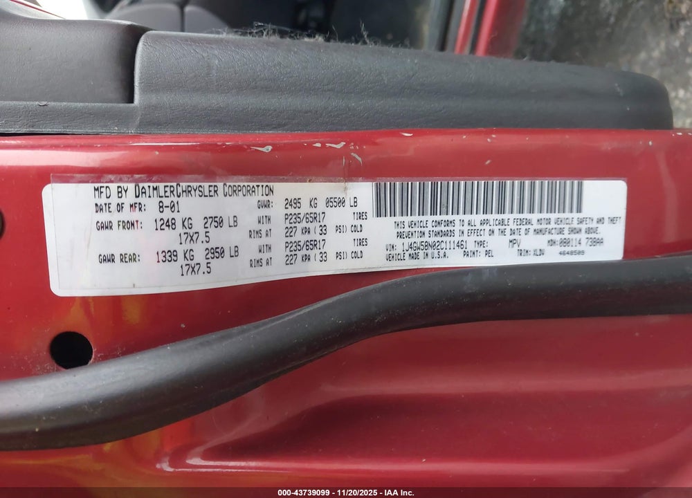 2002 JEEP GRAND CHEROKEE LIMITED VIN: 1J4GW58N02C111461