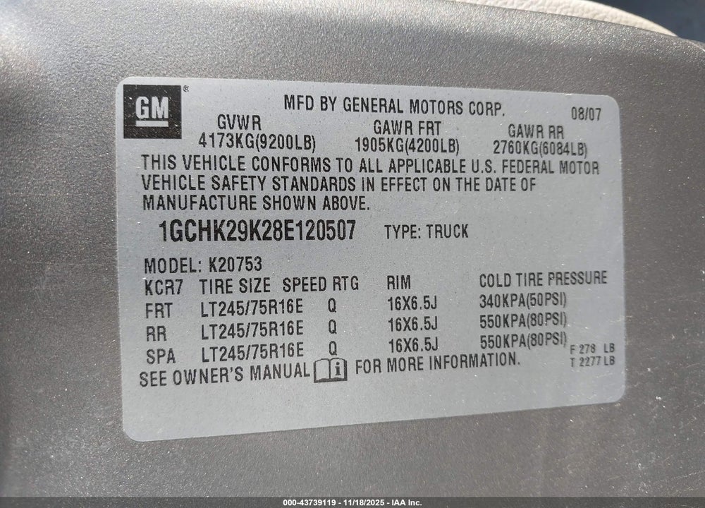 2008 CHEVROLET SILVERADO 2500HD WORK TRUCK VIN: 1GCHK29K28E120507