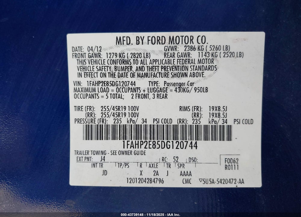 2013 FORD TAURUS SEL VIN: 1FAHP2E85DG120744
