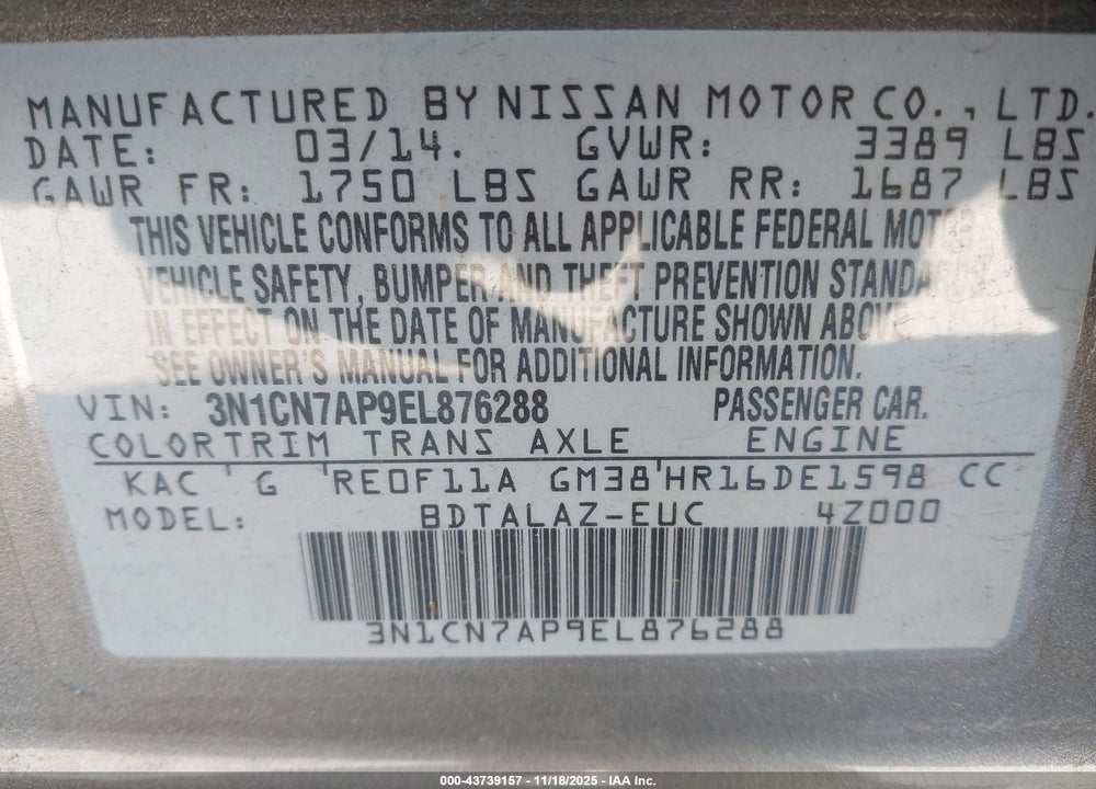 2014 NISSAN VERSA 1.6 S+ VIN: 3N1CN7AP9EL876288