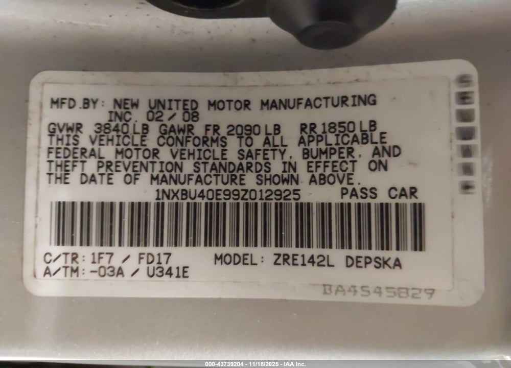 2009 TOYOTA COROLLA S VIN: 1NXBU40E99Z012925
