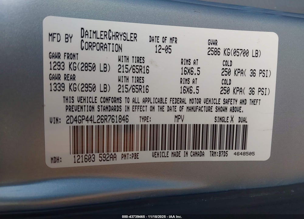 2006 DODGE GRAND CARAVAN SXT VIN: 2D4GP44L26R761846