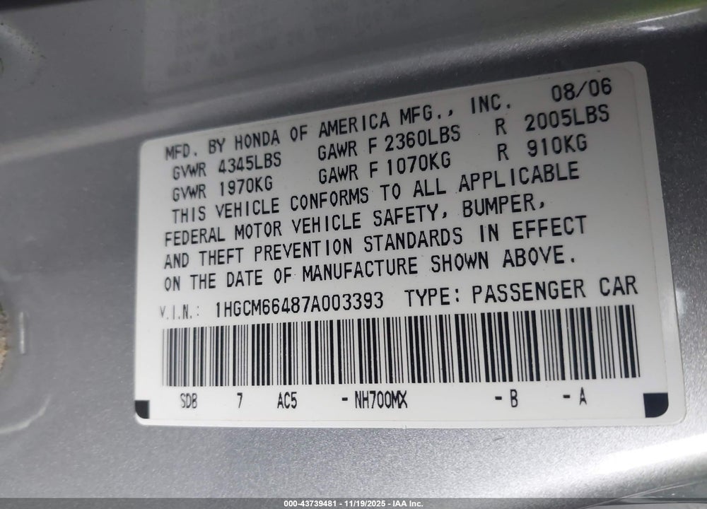 2007 HONDA ACCORD 3.0 SE VIN: 1HGCM66487A003393
