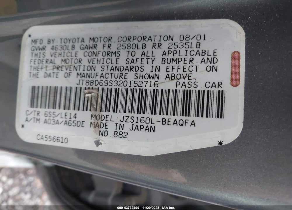 2002 LEXUS GS 300 VIN: JT8BD69S320152716