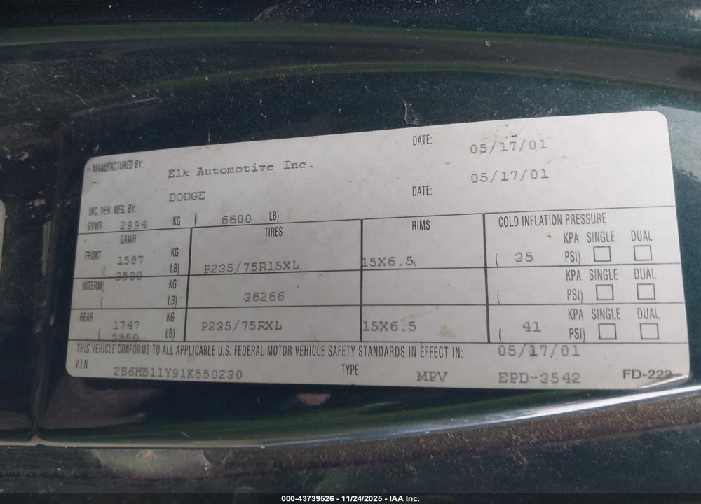 2001 DODGE RAM VAN 1500 CONVERSION VIN: 2B6HB11Y91K550230