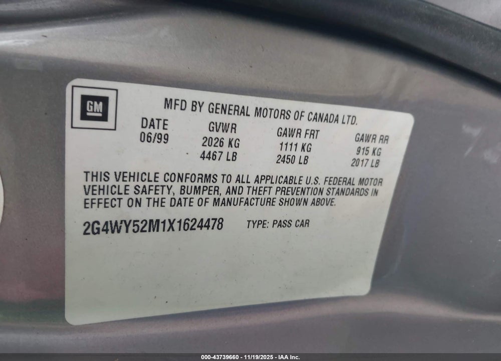 1999 BUICK CENTURY LIMITED VIN: 2G4WY52M1X1624478