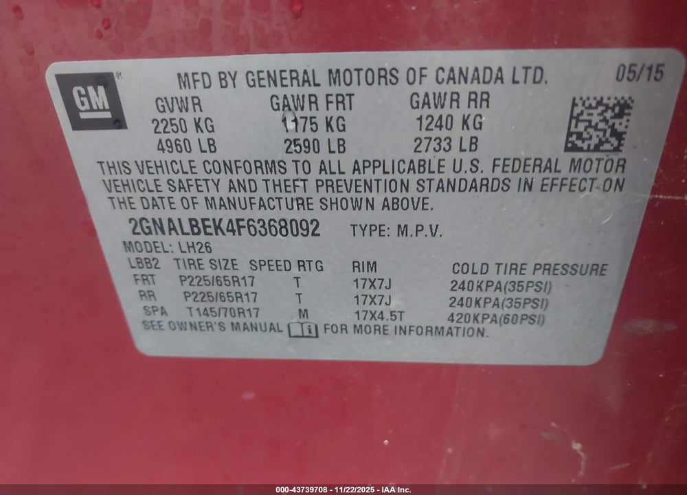 2015 CHEVROLET EQUINOX 1LT VIN: 2GNALBEK4F6368092