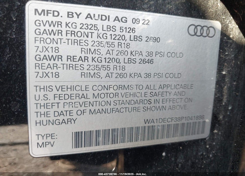 2023 AUDI Q3 VIN: WA1DECF38P1041898