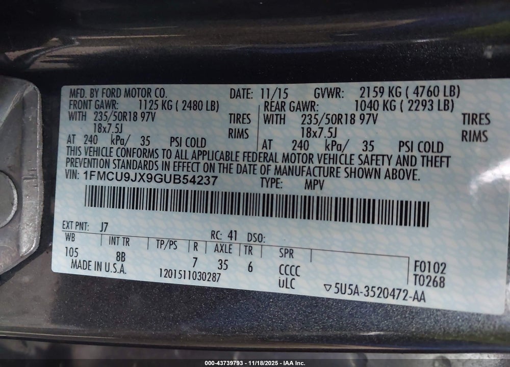2016 FORD ESCAPE TITANIUM VIN: 1FMCU9JX9GUB54237