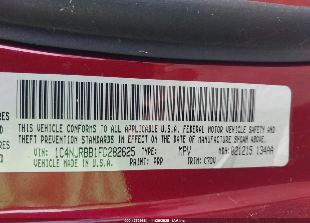 2015 JEEP PATRIOT SPORT VIN: 1C4NJRBB1FD282625