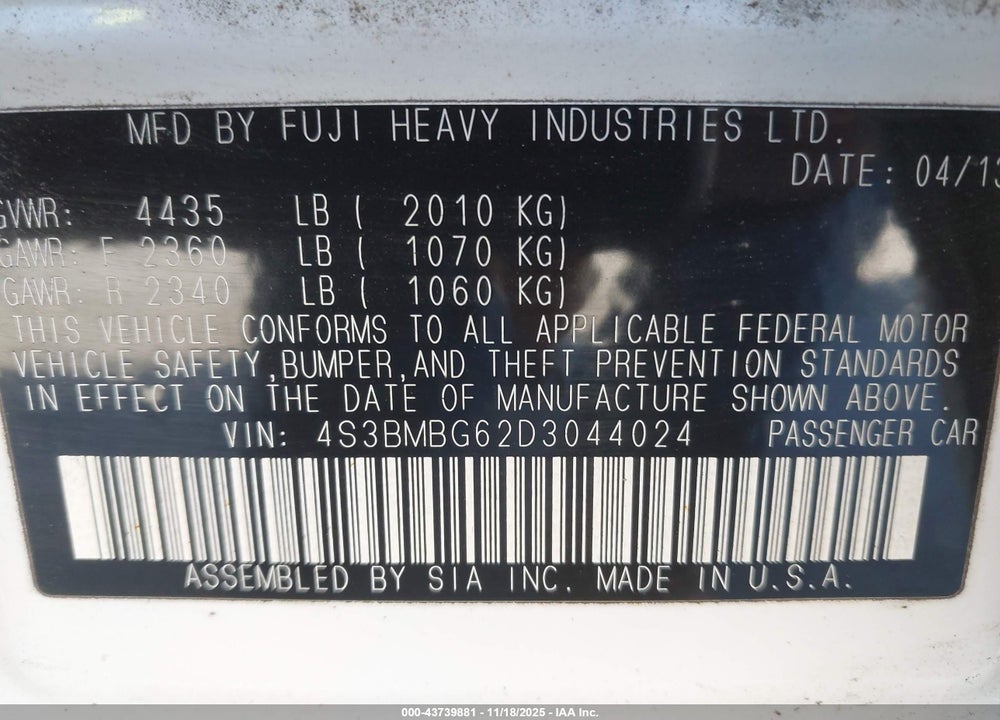 2013 SUBARU LEGACY 2.5I PREMIUM VIN: 4S3BMBG62D3044024