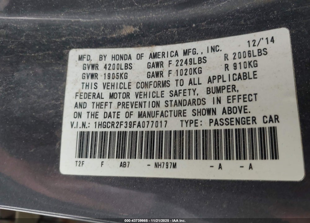 2015 HONDA ACCORD LX VIN: 1HGCR2F39FA077017