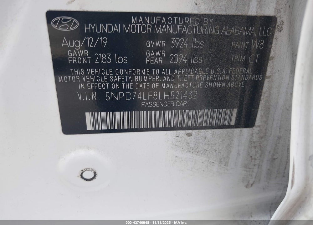 2020 HYUNDAI ELANTRA SE VIN: 5NPD74LF8LH521432