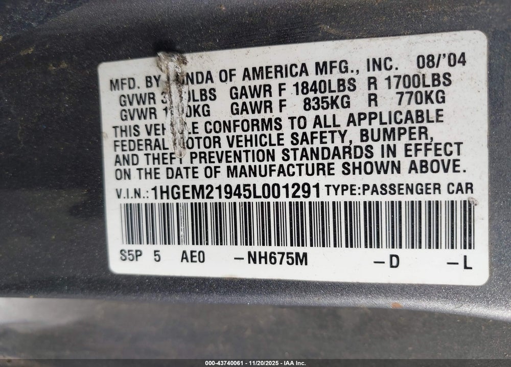 2005 HONDA CIVIC EX VIN: 1HGEM21945L001291