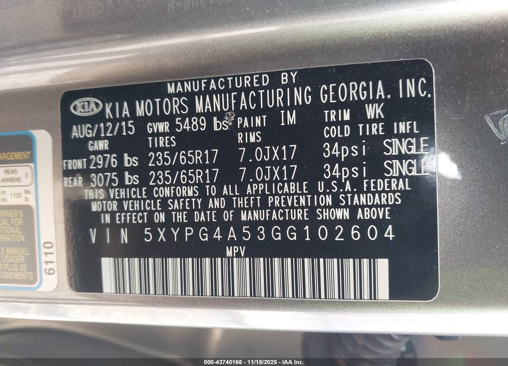2016 KIA SORENTO VIN: 5XYPG4A53GG102604