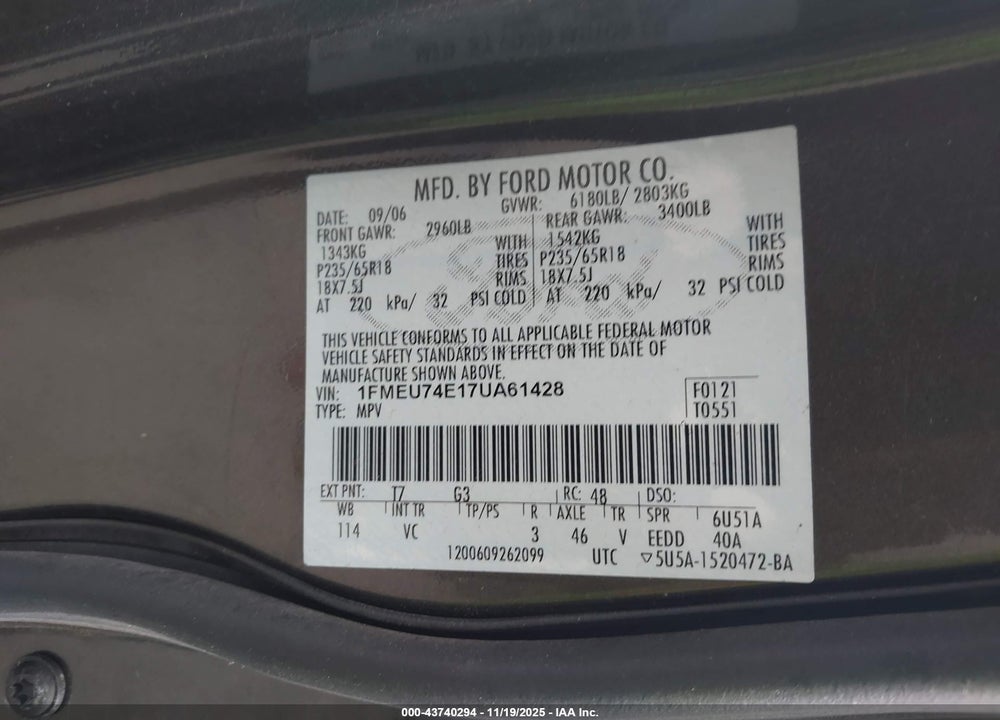 2007 FORD EXPLORER EDDIE BAUER VIN: 1FMEU74E17UA61428