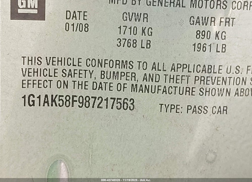 2008 CHEVROLET COBALT VIN: 1G1AK58F987217563