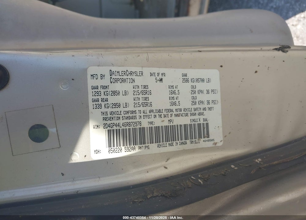 2006 DODGE GRAND CARAVAN SXT VIN: 2D4GP44L46R872978