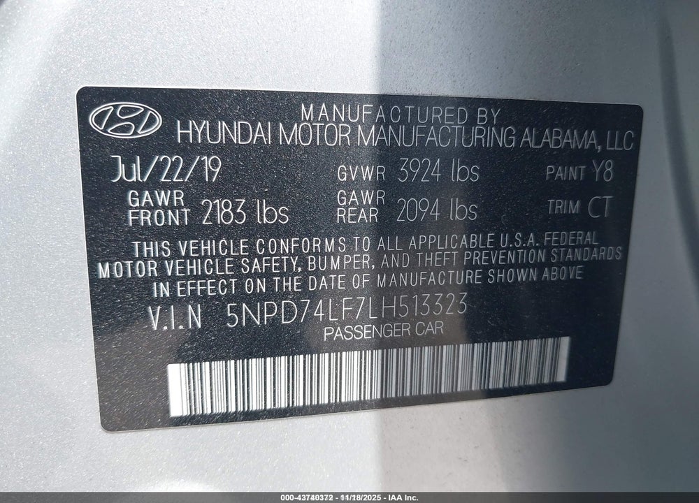 2020 HYUNDAI ELANTRA SE VIN: 5NPD74LF7LH513323