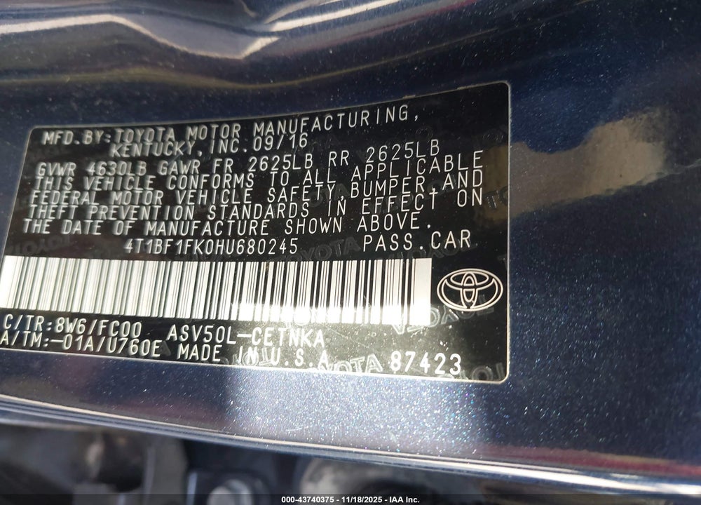2017 TOYOTA CAMRY VIN: 4T1BF1FK0HU680245