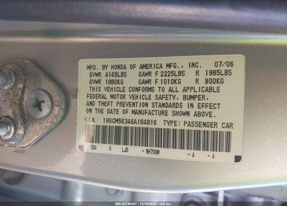 2006 HONDA ACCORD 2.4 SE VIN: 1HGCM56346A184816