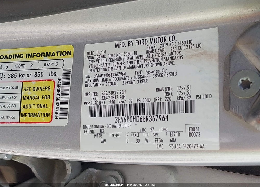 2014 FORD FUSION SE VIN: 3FA6P0HD6ER367964