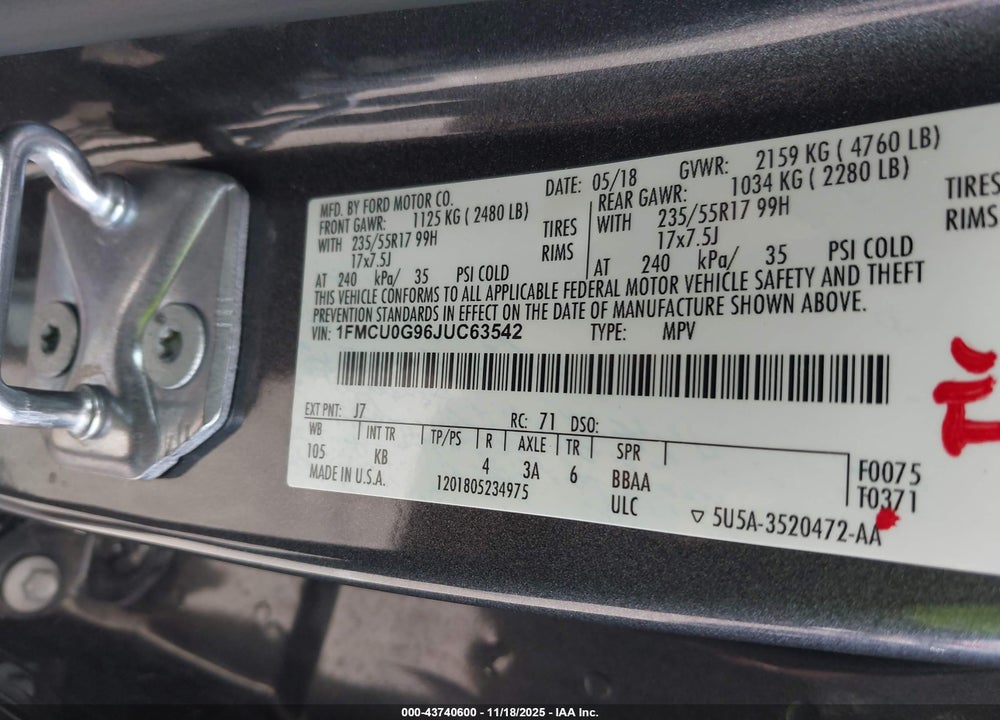 2018 FORD ESCAPE SE VIN: 1FMCU0G96JUC63542