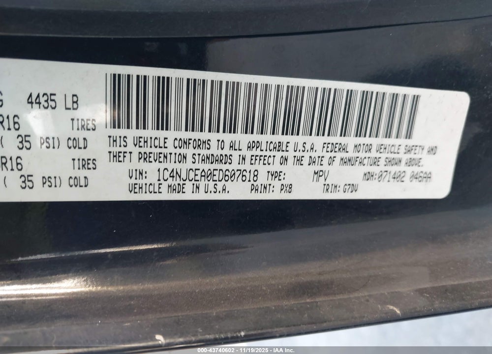 2014 JEEP COMPASS LATITUDE VIN: 1C4NJCEA0ED607618