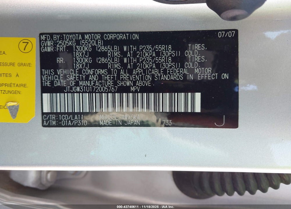 2007 LEXUS RX 400H VIN: JTJGW31U172005767