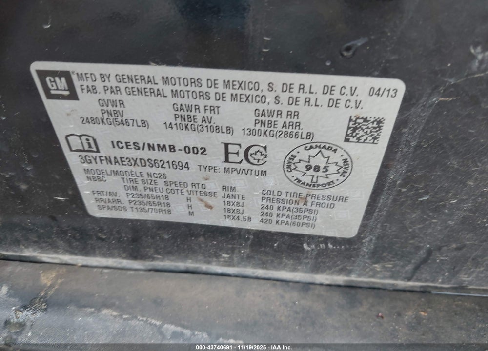 2013 CADILLAC SRX STANDARD VIN: 3GYFNAE3XDS621694