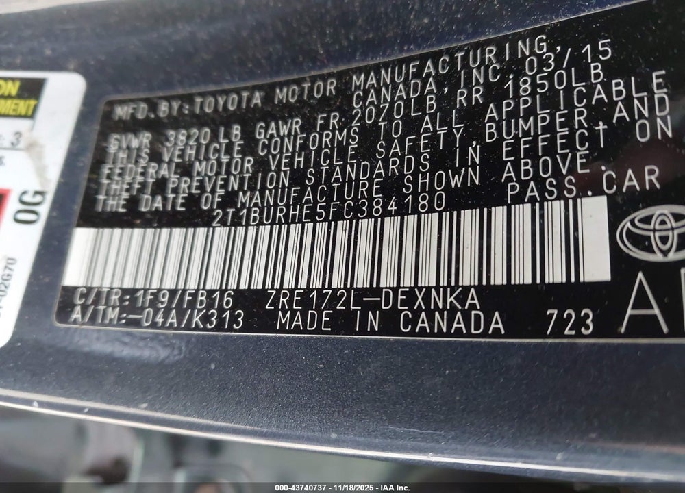 2015 TOYOTA COROLLA VIN: 2T1BURHE5FC384180