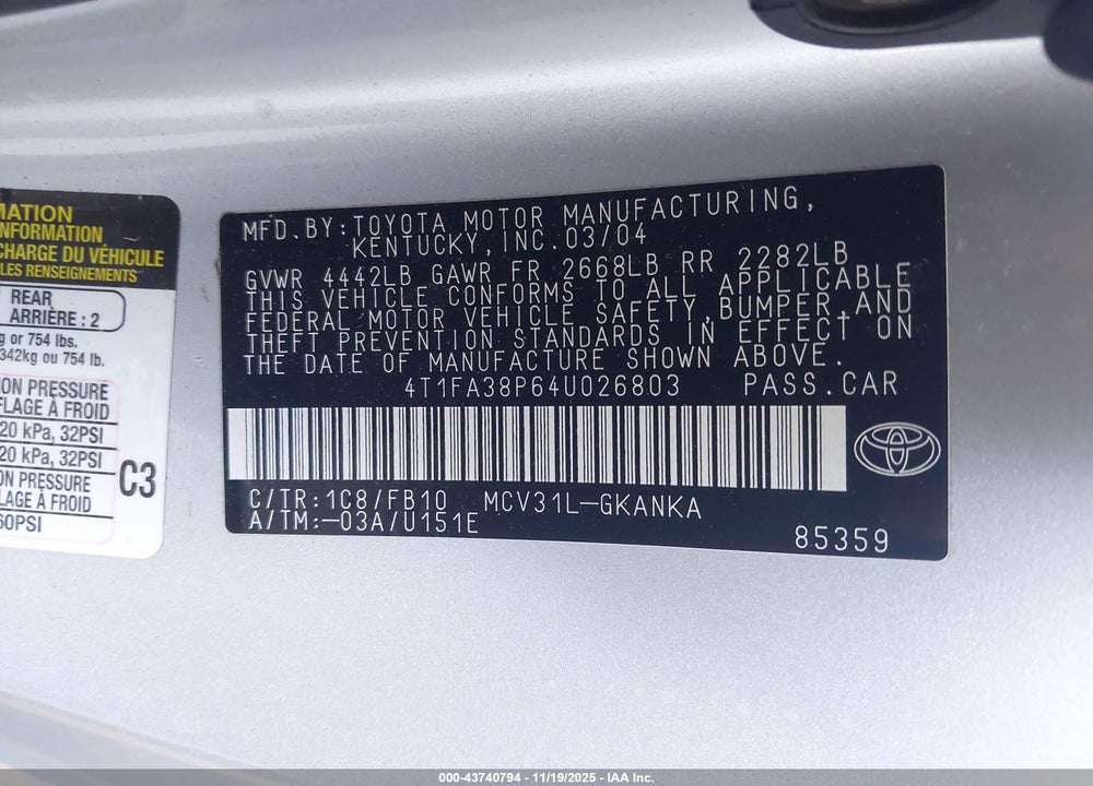 2004 TOYOTA CAMRY SOLARA SE VIN: 4T1FA38P64U026803