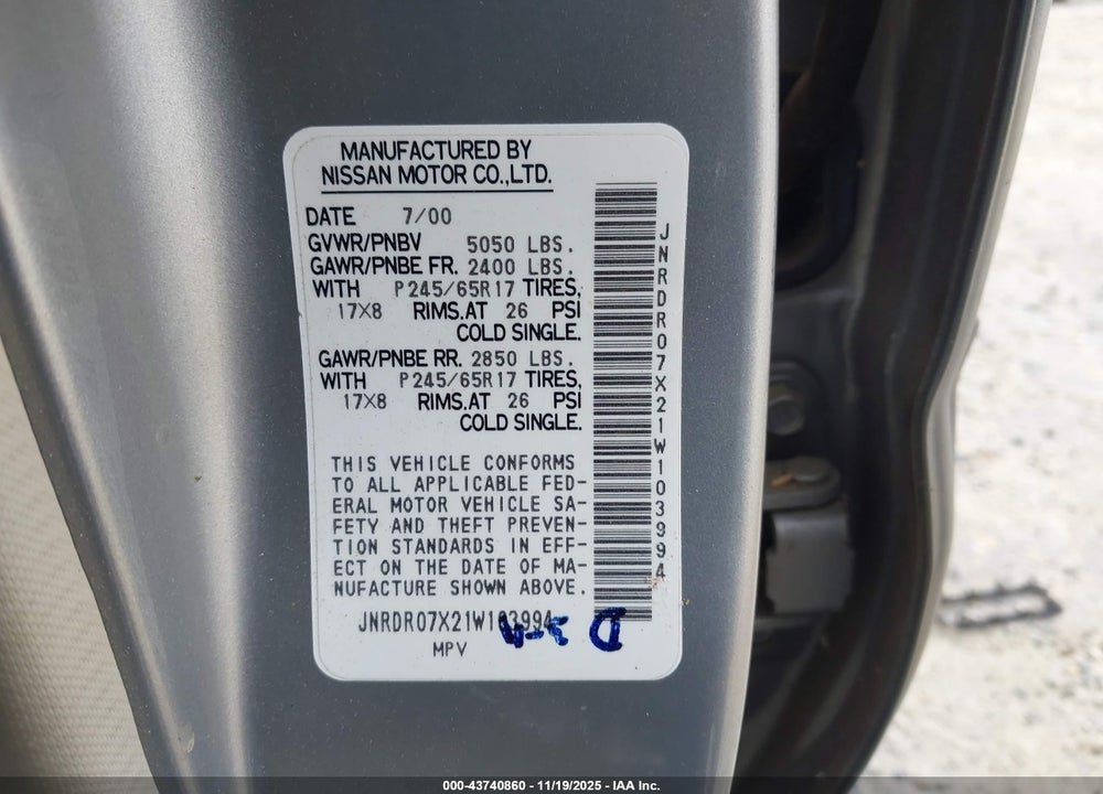 2001 INFINITI QX4 LUXURY VIN: JNRDR07X21W103994