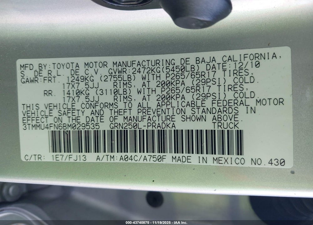 2011 TOYOTA TACOMA BASE V6 VIN: 3TMMU4FN6BM029535