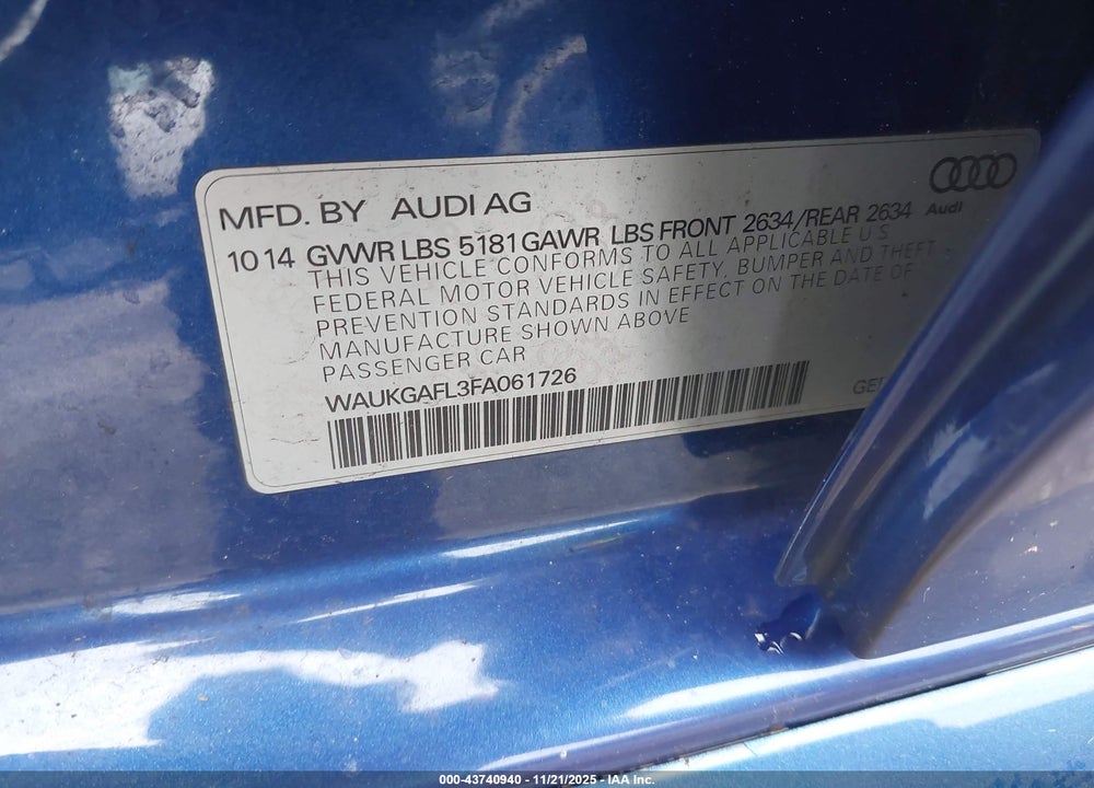 2015 AUDI S4 3.0T PREMIUM PLUS VIN: WAUKGAFL3FA061726
