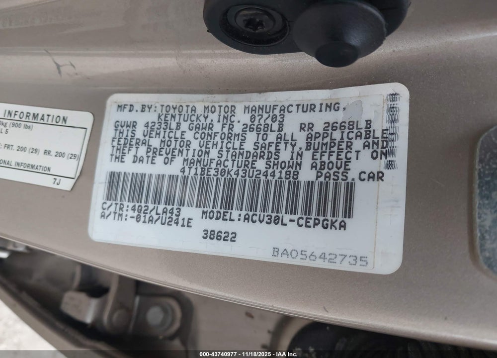 2003 TOYOTA CAMRY XLE VIN: 4T1BE30K43U244188