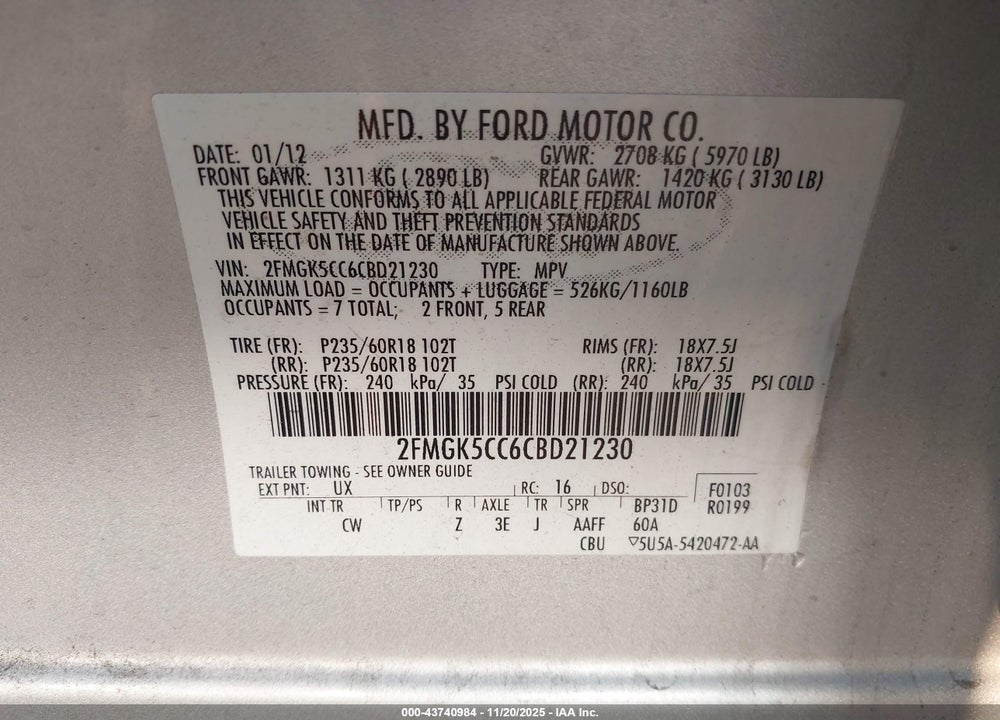 2012 FORD FLEX VIN: 2FMGK5CC6CBD21230