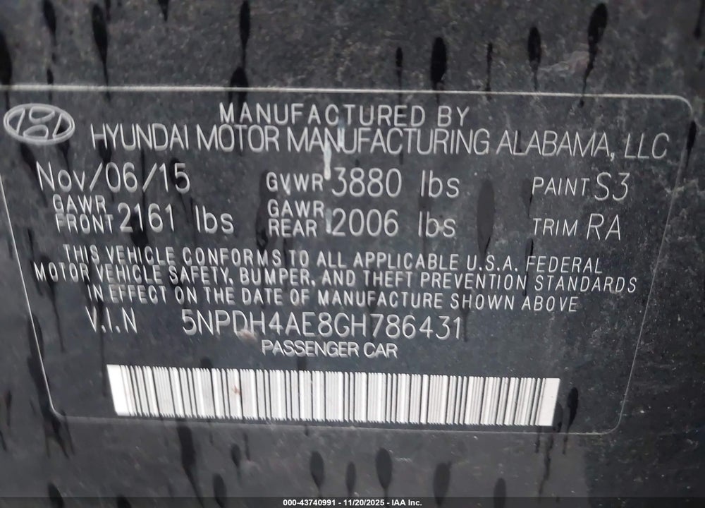 2016 HYUNDAI ELANTRA SE VIN: 5NPDH4AE8GH786431