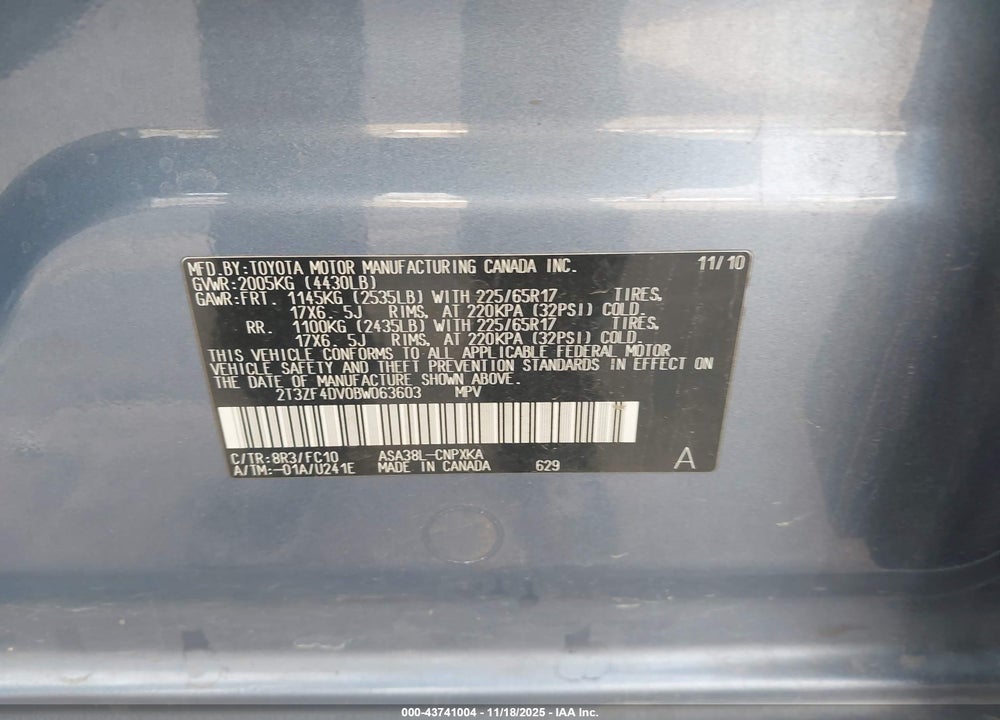 2011 TOYOTA RAV4 VIN: 2T3ZF4DV0BW063603