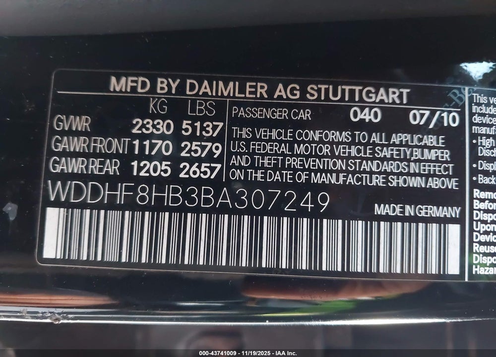 2011 MERCEDES-BENZ E 350 4MATIC VIN: WDDHF8HB3BA307249