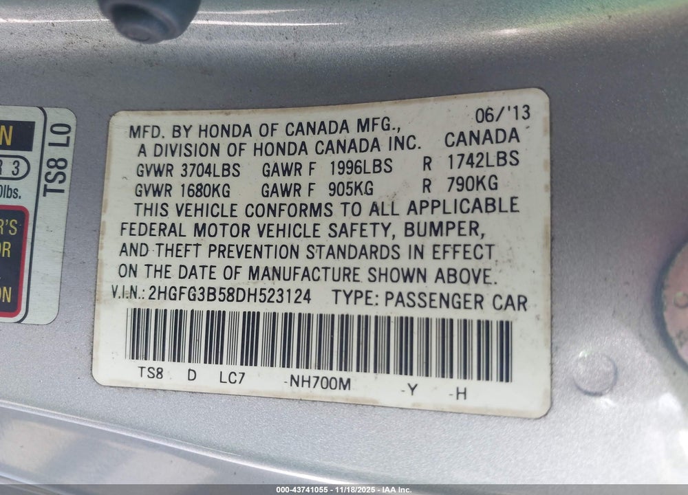 2013 HONDA CIVIC LX VIN: 2HGFG3B58DH523124