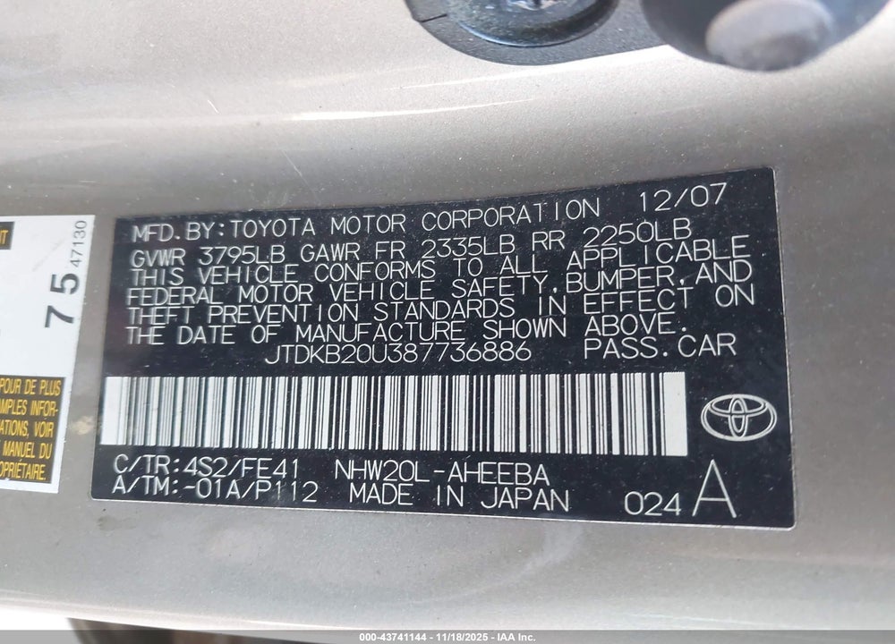 2008 TOYOTA PRIUS VIN: JTDKB20U387736886