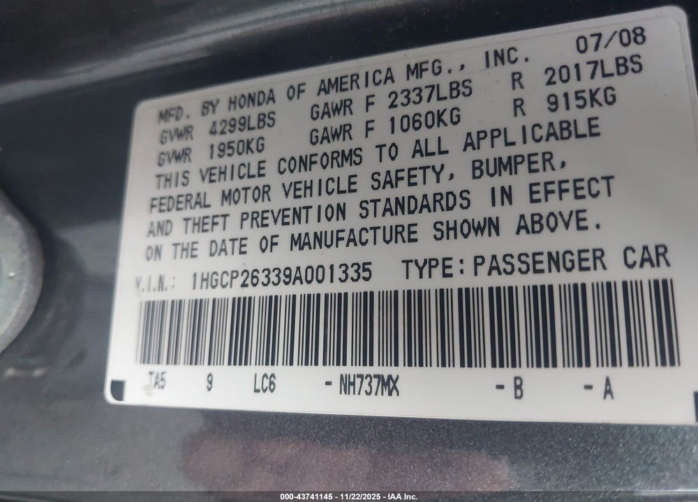 2009 HONDA ACCORD 2.4 LX VIN: 1HGCP26339A001335