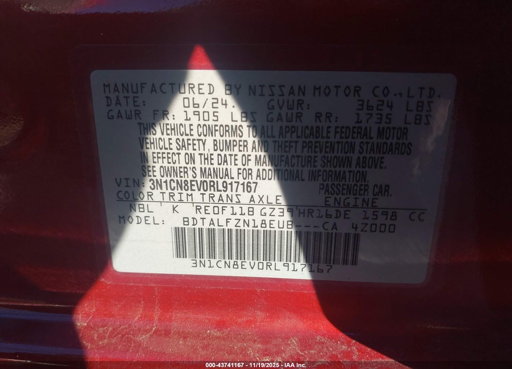 2024 NISSAN VERSA 1.6 SV VIN: 3N1CN8EV0RL917167