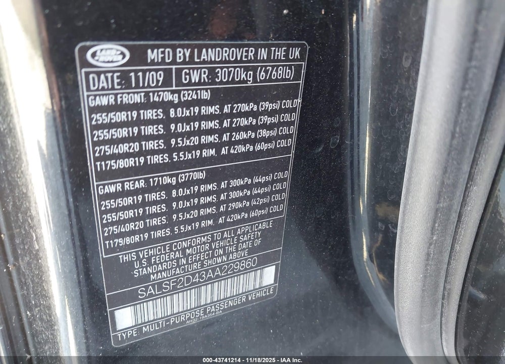 2010 LAND ROVER RANGE ROVER SPORT HSE VIN: SALSF2D43AA229860